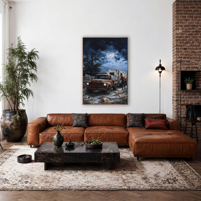 Pickup Horse Trailer Moonlit Western wall art in a rustic western-style room – rusty orange pickup truck with glowing