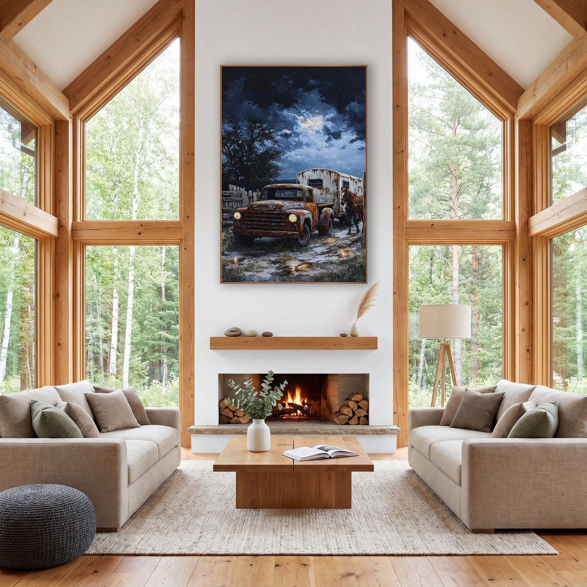 Pickup Horse Trailer Moonlit Western wall art in a rustic western-style room – rusty orange pickup truck with glowing