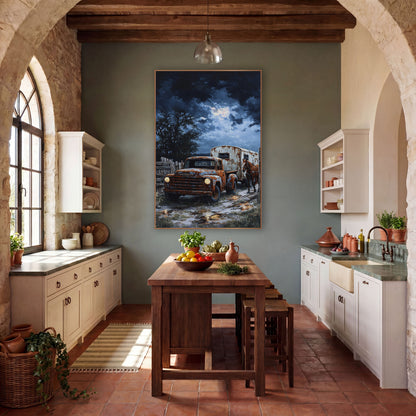 Pickup Horse Trailer Moonlit Western wall art in a rustic western-style room – rusty orange pickup truck with glowing