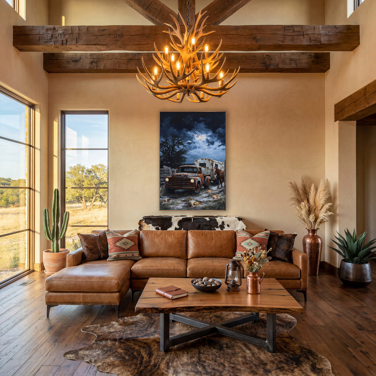 Pickup Horse Trailer Moonlit Western wall art in a rustic western-style room – rusty orange pickup truck with glowing