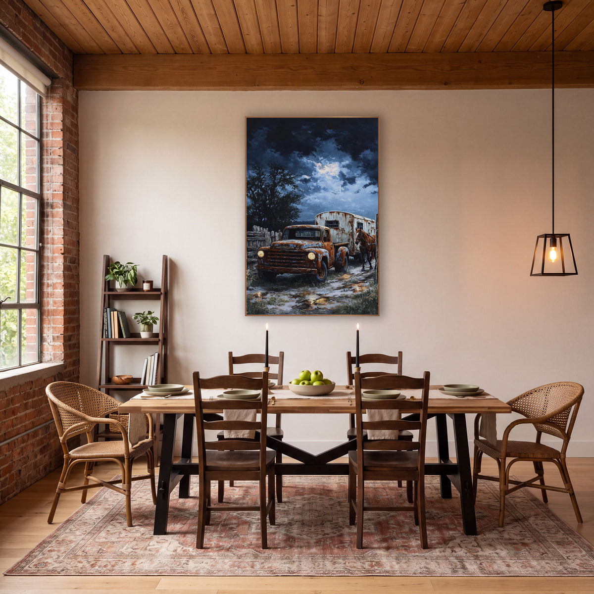 Pickup Horse Trailer Moonlit Western wall art in a rustic western-style room – rusty orange pickup truck with glowing