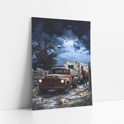 Pickup Horse Trailer Moonlit Western art print leaning against a white wall – rusty orange pickup truck with glowing