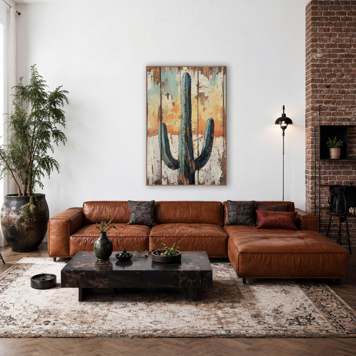 Teal Saguaro Cactus Western Rustic wall art in a rustic western-style room – teal saguaro cactus with two curved arms