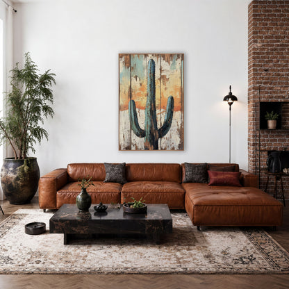 Teal Saguaro Cactus Western Rustic wall art in a rustic western-style room – teal saguaro cactus with two curved arms