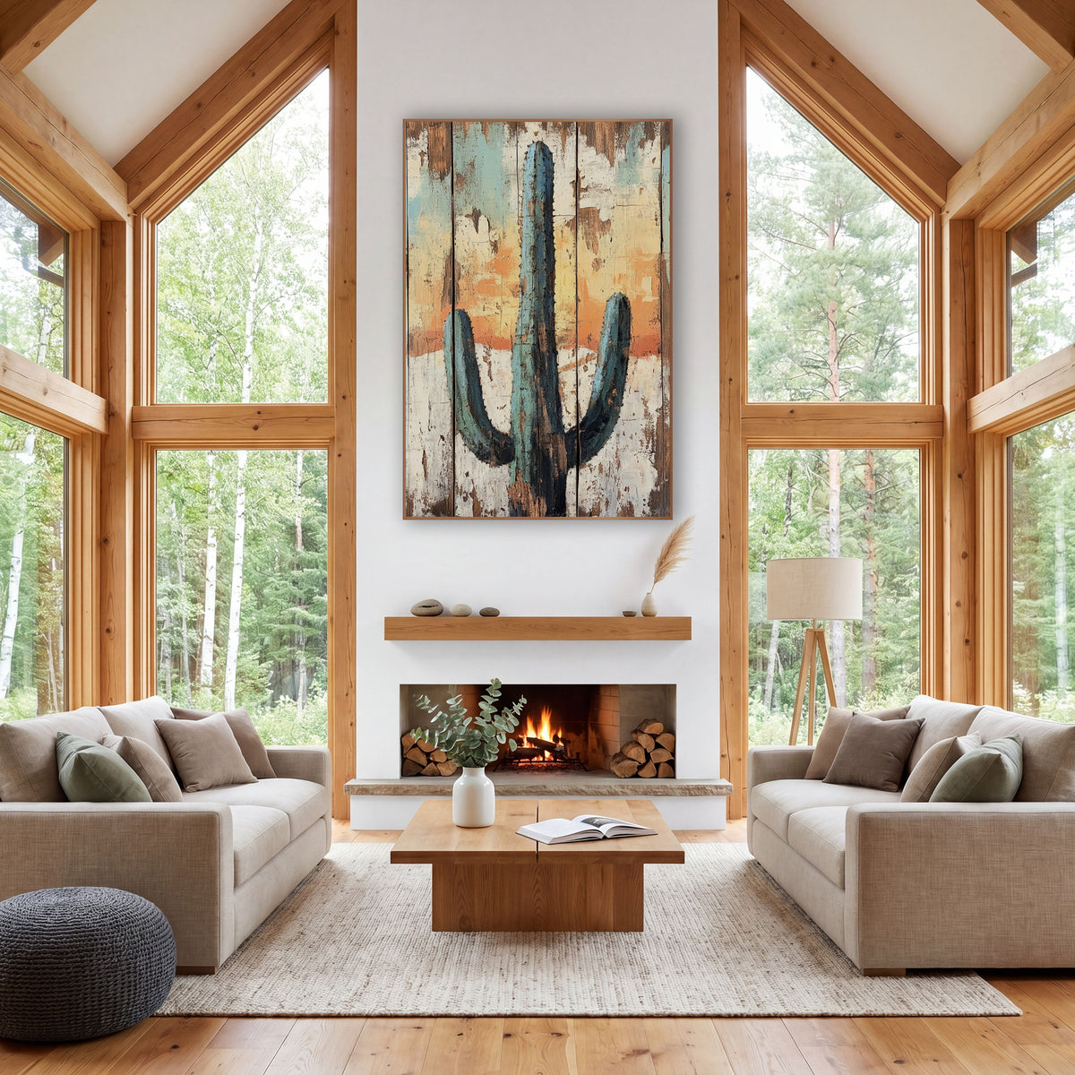 Teal Saguaro Cactus Western Rustic wall art in a rustic western-style room – teal saguaro cactus with two curved arms