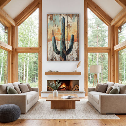 Teal Saguaro Cactus Western Rustic wall art in a rustic western-style room – teal saguaro cactus with two curved arms