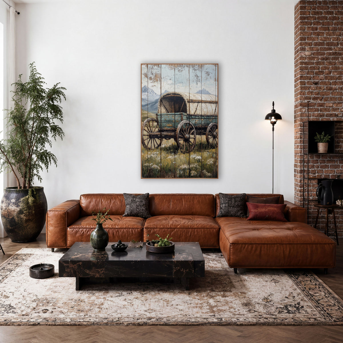 Covered Wagon Mountain Meadow Western wall art in a rustic western-style room – teal covered wagon with cream arched