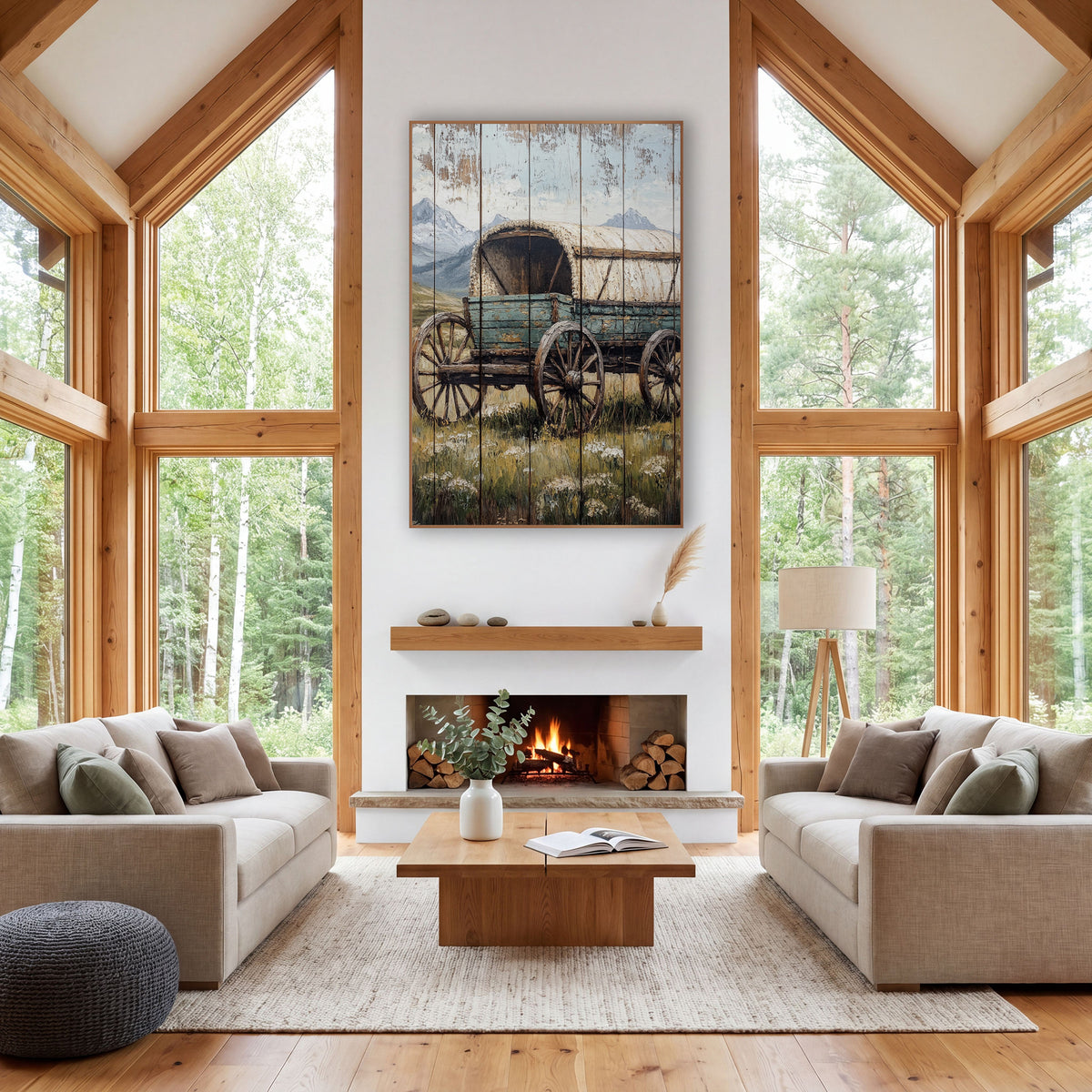 Covered Wagon Mountain Meadow Western wall art in a rustic western-style room – teal covered wagon with cream arched