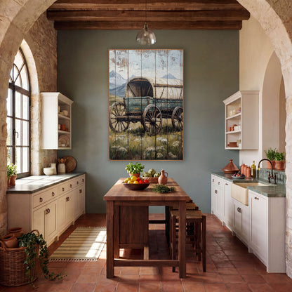 Covered Wagon Mountain Meadow Western wall art in a rustic western-style room – teal covered wagon with cream arched
