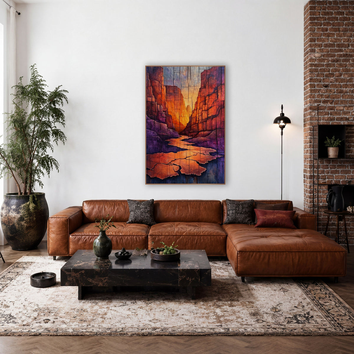 Sunset Slot Canyon Western Landscape wall art in a rustic western-style room – narrow slot canyon with glowing orange