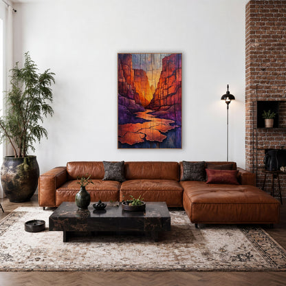 Sunset Slot Canyon Western Landscape wall art in a rustic western-style room – narrow slot canyon with glowing orange