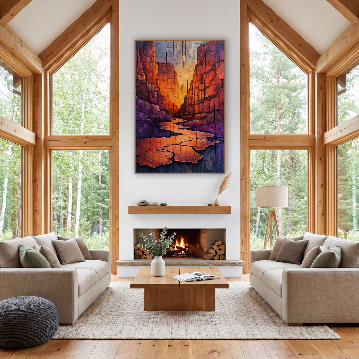 Sunset Slot Canyon Western Landscape wall art in a rustic western-style room – narrow slot canyon with glowing orange