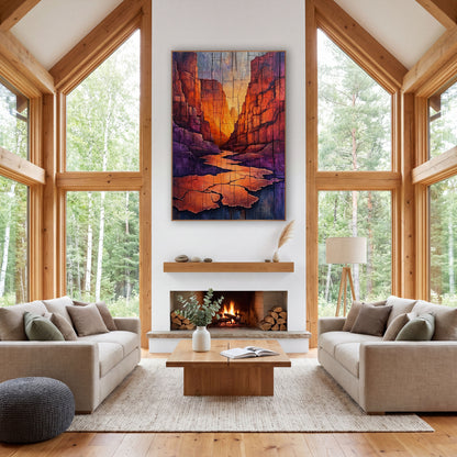 Sunset Slot Canyon Western Landscape wall art in a rustic western-style room – narrow slot canyon with glowing orange