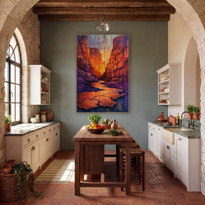 Sunset Slot Canyon Western Landscape wall art in a rustic western-style room – narrow slot canyon with glowing orange