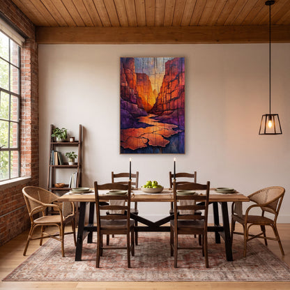 Sunset Slot Canyon Western Landscape wall art in a rustic western-style room – narrow slot canyon with glowing orange