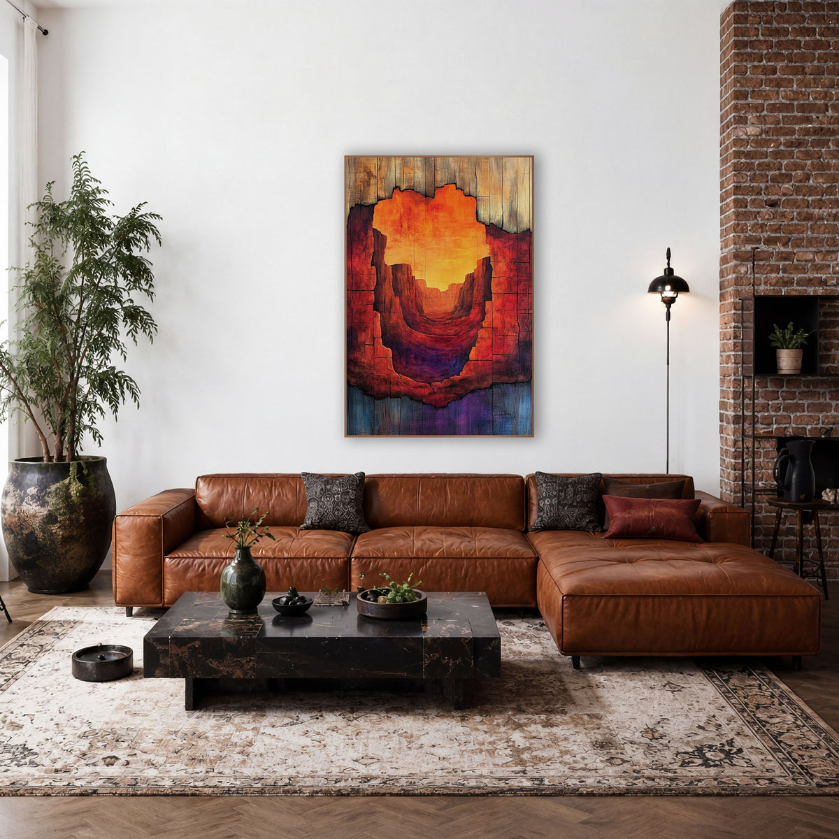 Red Rock Canyon Weathered Wood Western wall art in a rustic western-style room – narrow red rock canyon with glowing