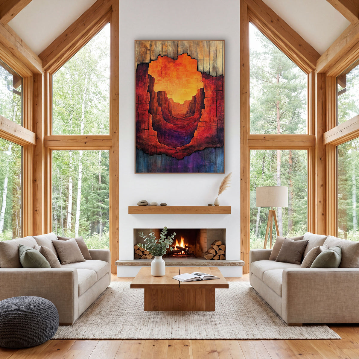 Red Rock Canyon Weathered Wood Western wall art in a rustic western-style room – narrow red rock canyon with glowing