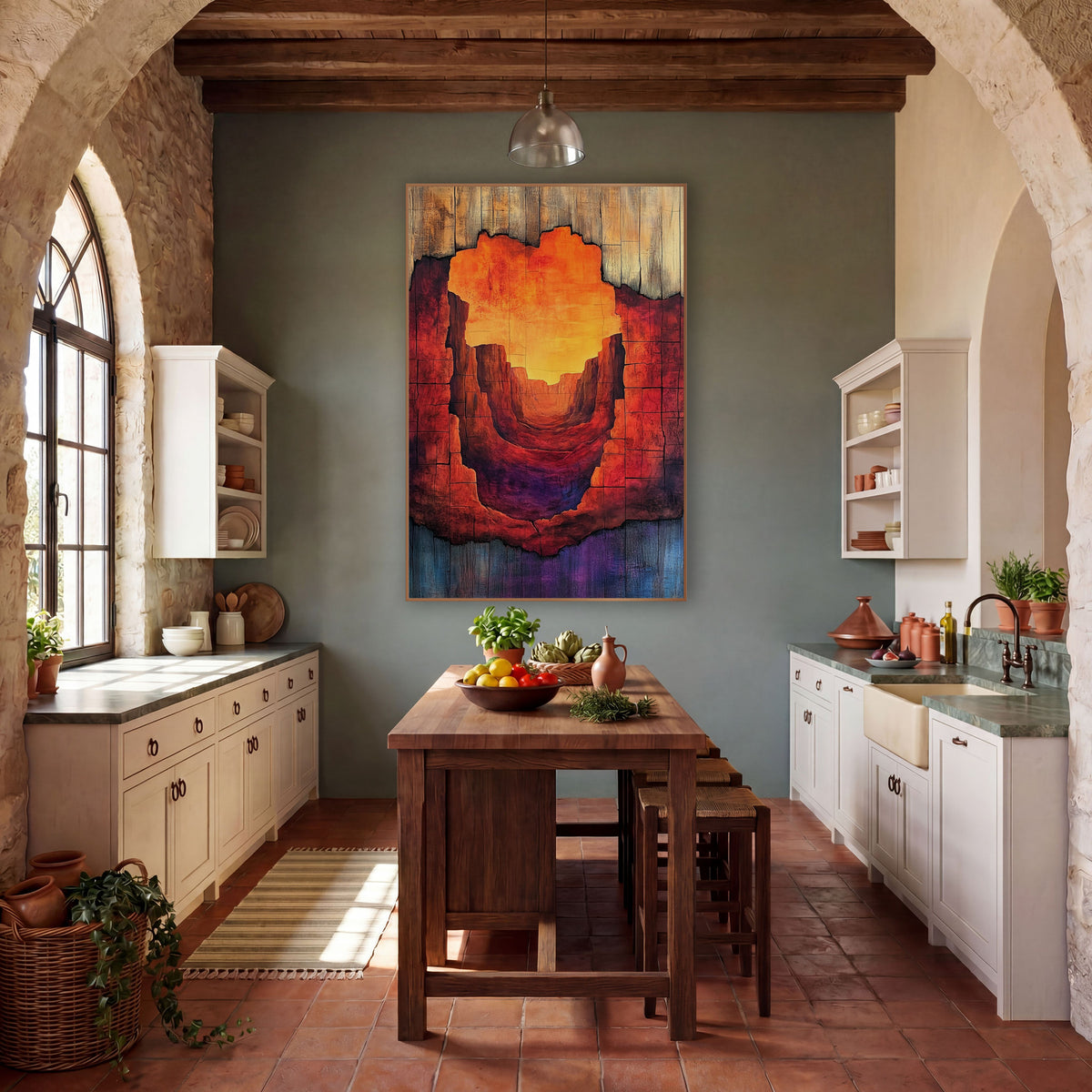 Red Rock Canyon Weathered Wood Western wall art in a rustic western-style room – narrow red rock canyon with glowing