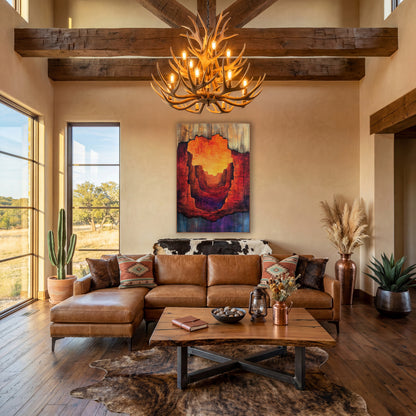 Red Rock Canyon Weathered Wood Western wall art in a rustic western-style room – narrow red rock canyon with glowing