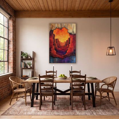 Red Rock Canyon Weathered Wood Western wall art in a rustic western-style room – narrow red rock canyon with glowing