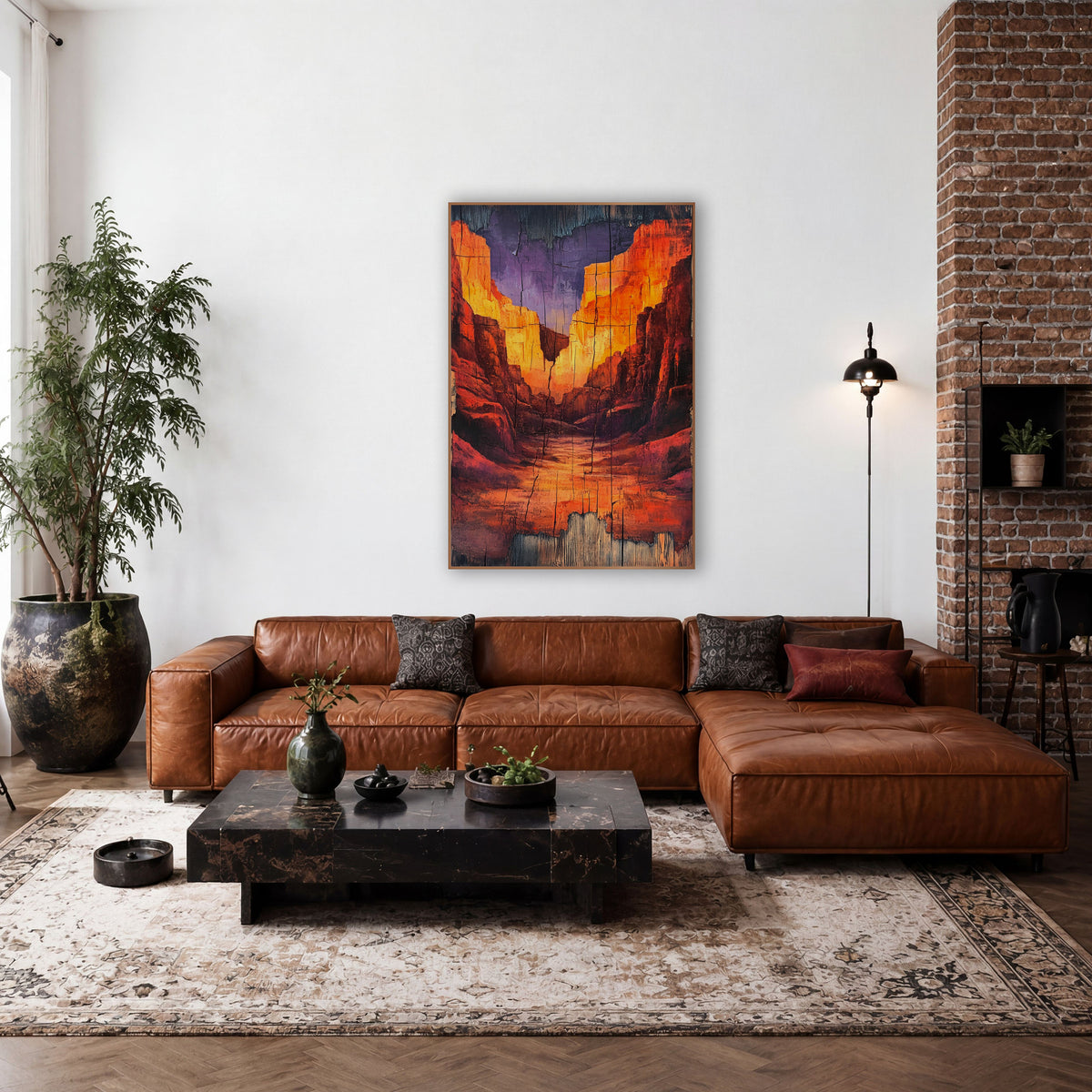 Glowing Red Rock Canyon Western wall art in a rustic western-style room – red and orange canyon walls glowing