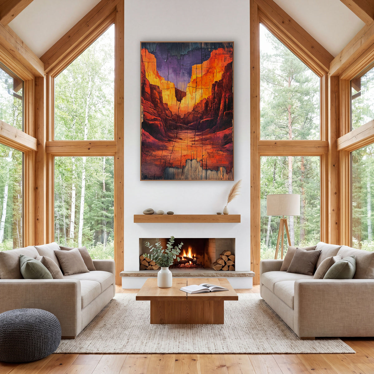 Glowing Red Rock Canyon Western wall art in a rustic western-style room – red and orange canyon walls glowing