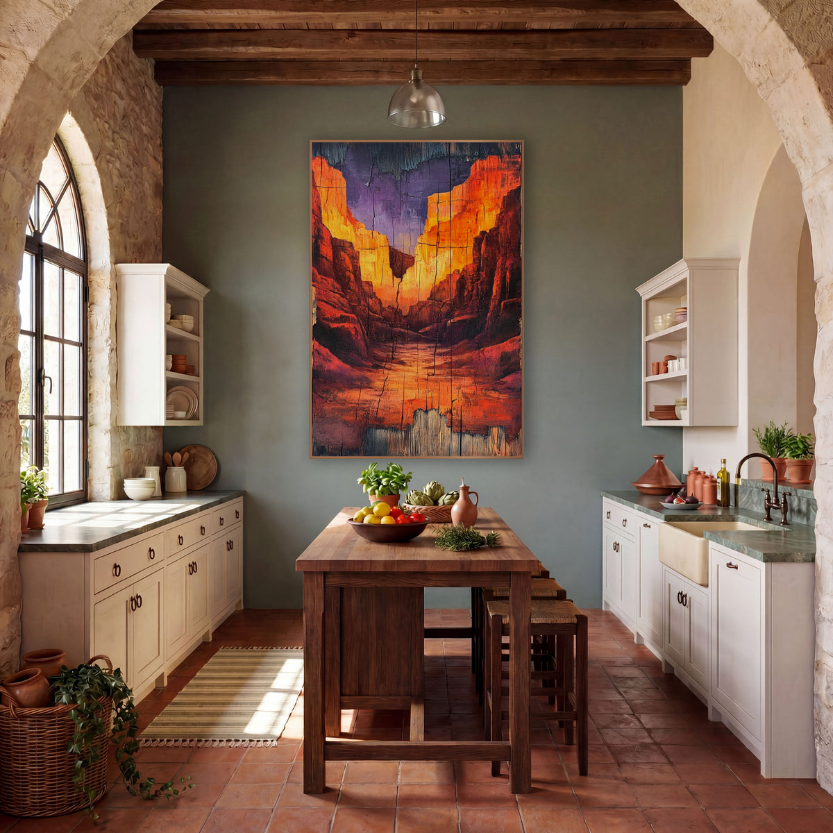 Glowing Red Rock Canyon Western wall art in a rustic western-style room – red and orange canyon walls glowing
