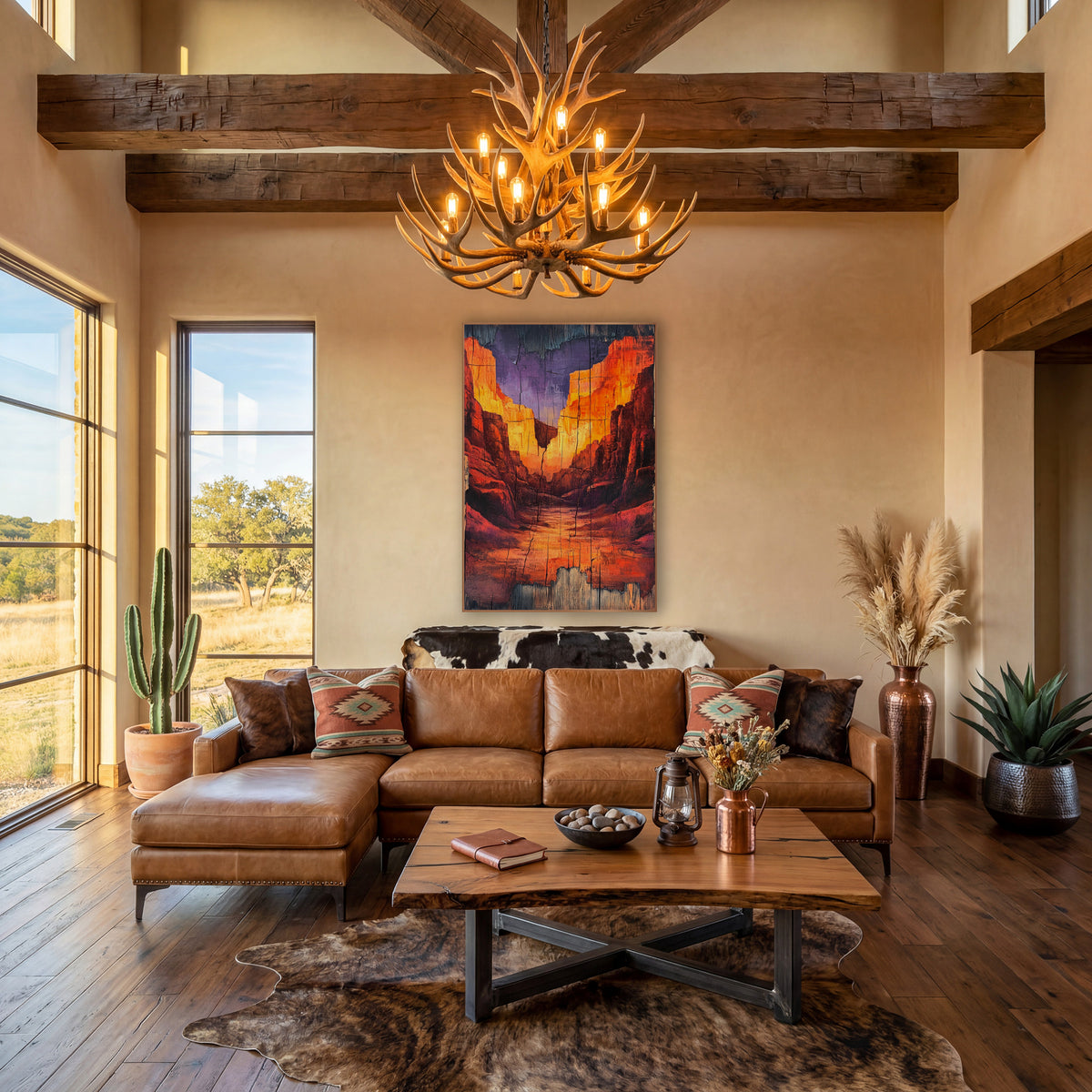 Glowing Red Rock Canyon Western wall art in a rustic western-style room – red and orange canyon walls glowing