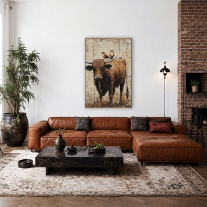 Longhorn Steer With Birds Western wall art in a rustic western-style room – brown longhorn steer facing forward