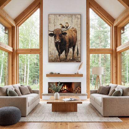 Longhorn Steer With Birds Western wall art in a rustic western-style room – brown longhorn steer facing forward