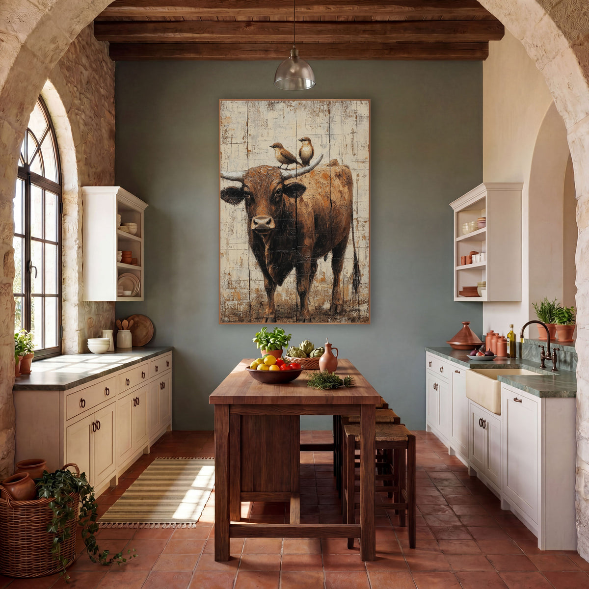 Longhorn Steer With Birds Western wall art in a rustic western-style room – brown longhorn steer facing forward