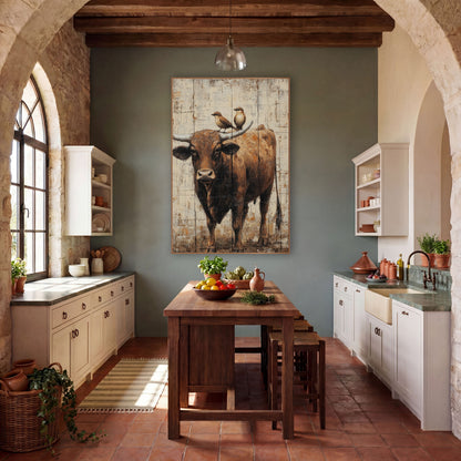 Longhorn Steer With Birds Western wall art in a rustic western-style room – brown longhorn steer facing forward