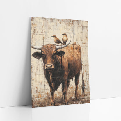 Longhorn Steer With Birds Western art print leaning against a white wall – brown longhorn steer facing forward with two small