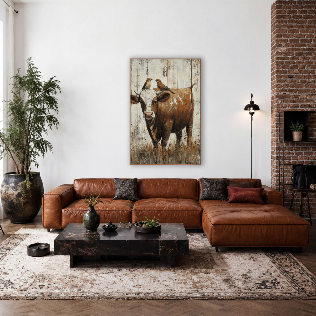 Rustic Cow With Perched Birds wall art in a rustic western-style room – brown and white cow with two small birds