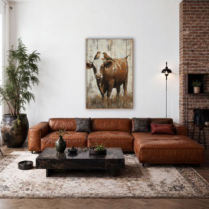 Rustic Cow With Perched Birds wall art in a rustic western-style room – brown and white cow with two small birds