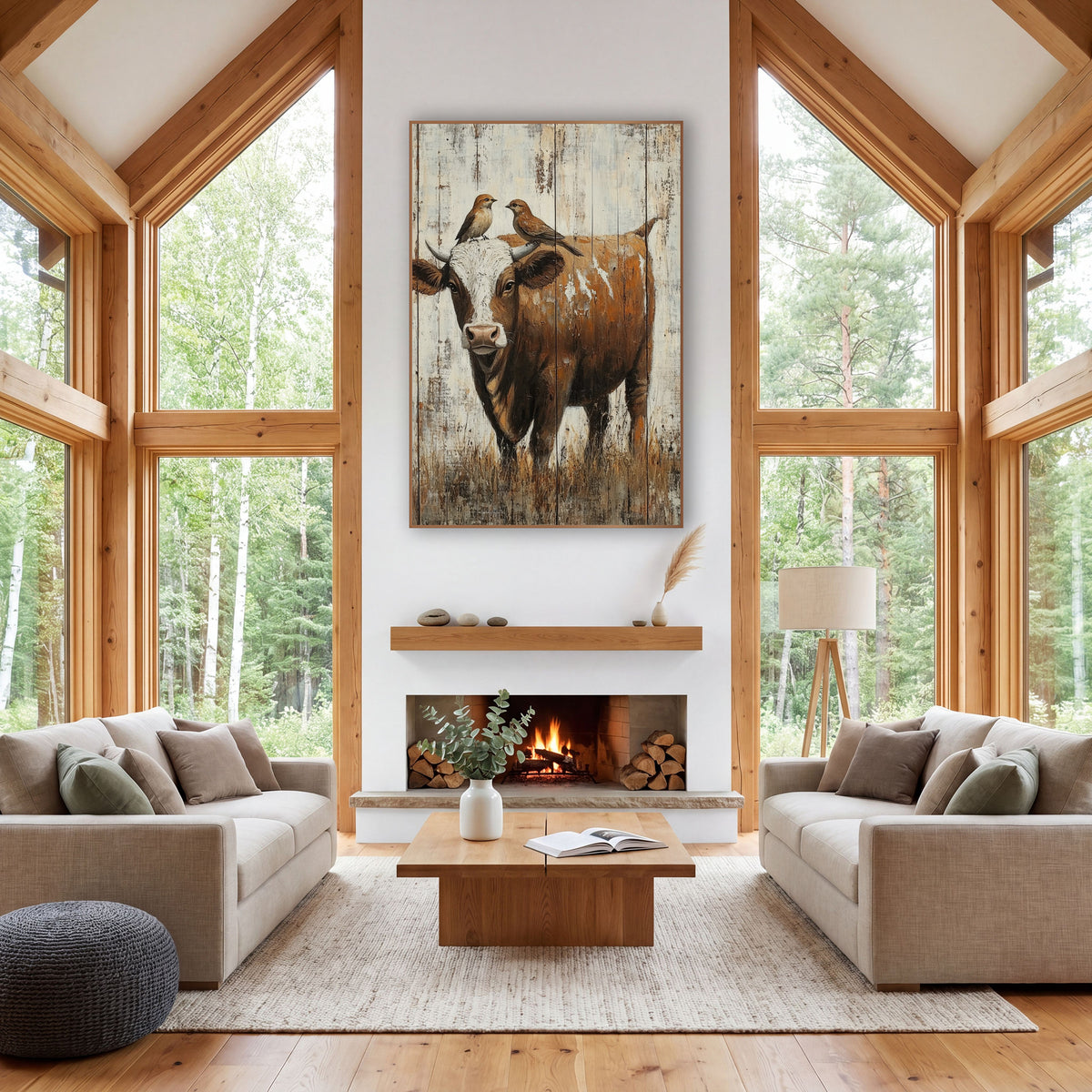 Rustic Cow With Perched Birds wall art in a rustic western-style room – brown and white cow with two small birds
