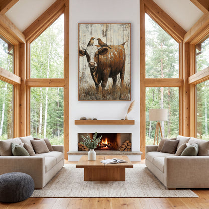Rustic Cow With Perched Birds wall art in a rustic western-style room – brown and white cow with two small birds