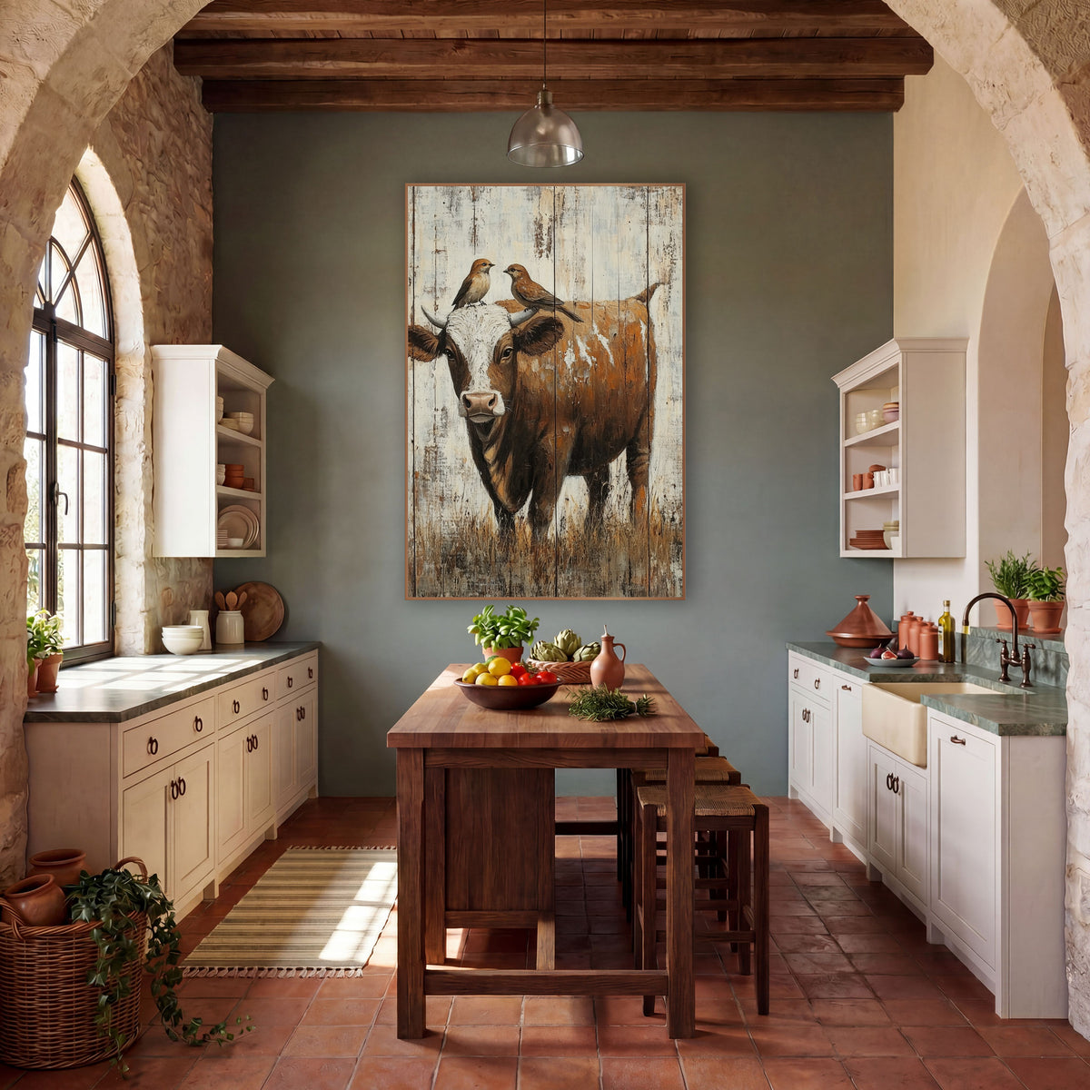 Rustic Cow With Perched Birds wall art in a rustic western-style room – brown and white cow with two small birds