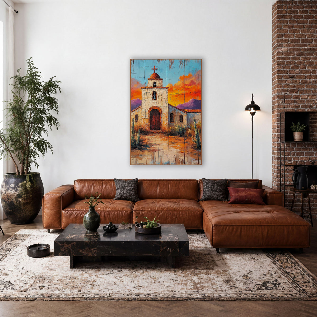 Desert Mission Church Southwestern wall art in a rustic western-style room – white desert mission church with bell