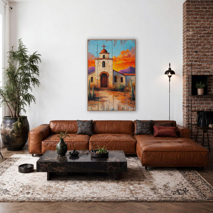 Desert Mission Church Southwestern wall art in a rustic western-style room – white desert mission church with bell