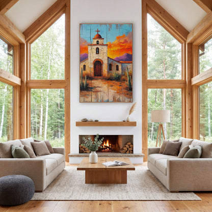 Desert Mission Church Southwestern wall art in a rustic western-style room – white desert mission church with bell