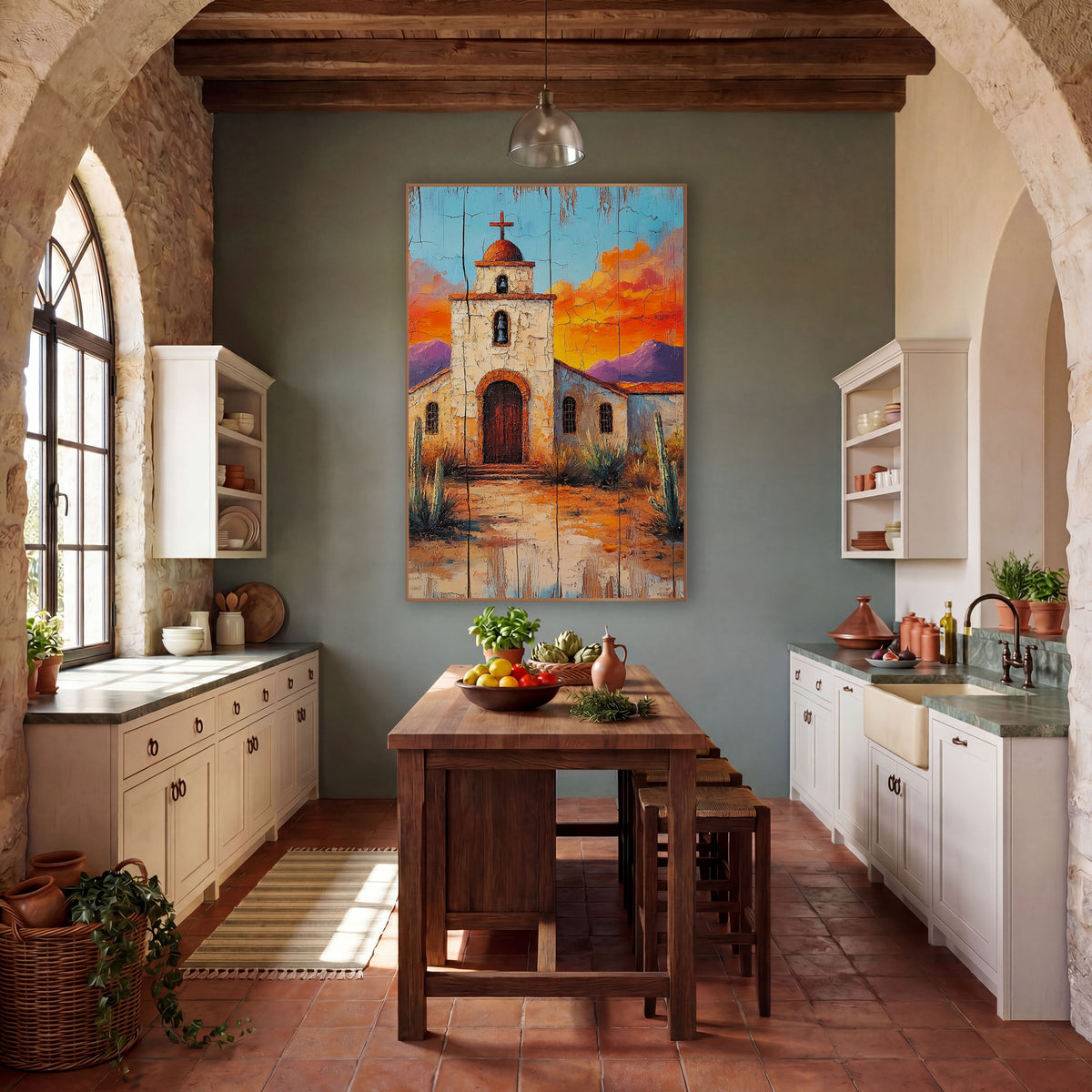 Desert Mission Church Southwestern wall art in a rustic western-style room – white desert mission church with bell