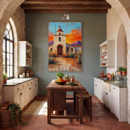 Desert Mission Church Southwestern wall art in a rustic western-style room – white desert mission church with bell