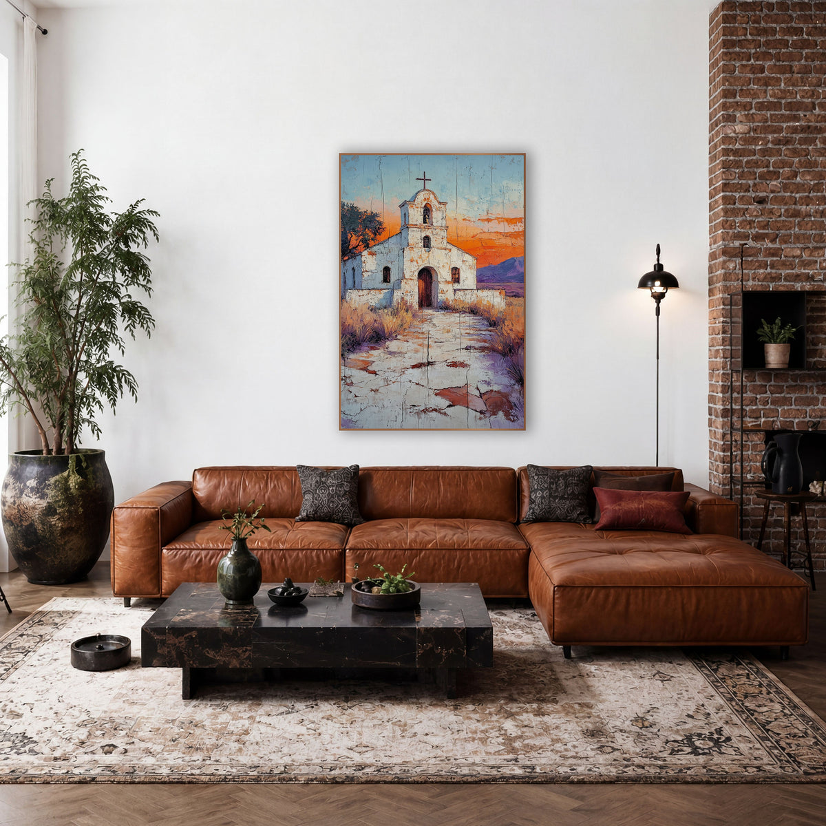 Desert Mission Church Southwestern Landscape wall art in a rustic western-style room – white mission church with bell