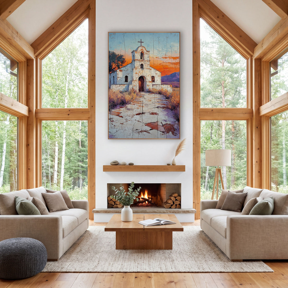 Desert Mission Church Southwestern Landscape wall art in a rustic western-style room – white mission church with bell