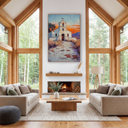 Desert Mission Church Southwestern Landscape wall art in a rustic western-style room – white mission church with bell