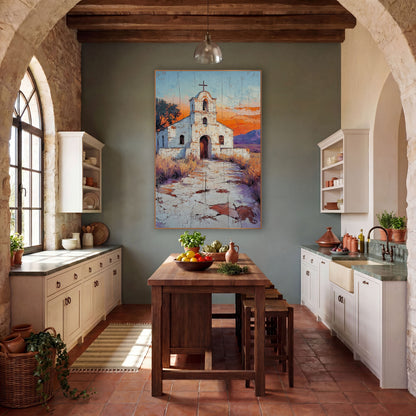 Desert Mission Church Southwestern Landscape wall art in a rustic western-style room – white mission church with bell