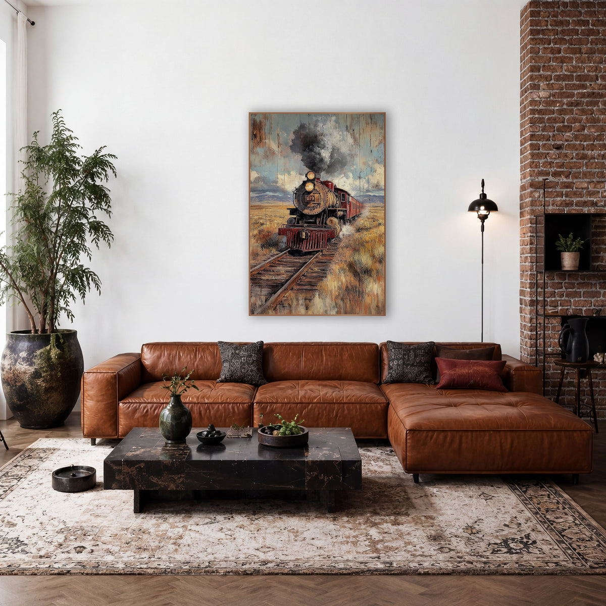 Head-On Steam Train Mountains Rustic wall art in a rustic western-style room – black and red steam locomotive 1519