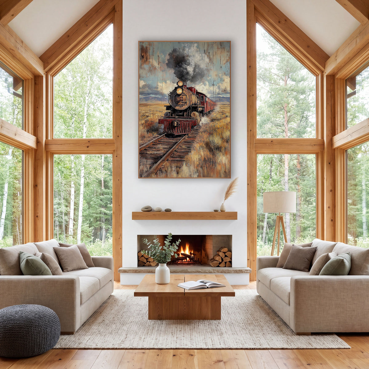Head-On Steam Train Mountains Rustic wall art in a rustic western-style room – black and red steam locomotive 1519