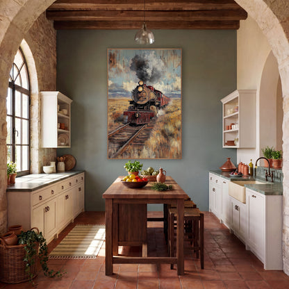 Head-On Steam Train Mountains Rustic wall art in a rustic western-style room – black and red steam locomotive 1519